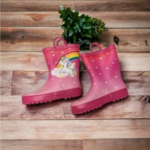 Girls Boots Size 13 Pink Unicorn Rubber RAIN Or SNOW BOOTS NEW With easy pull on